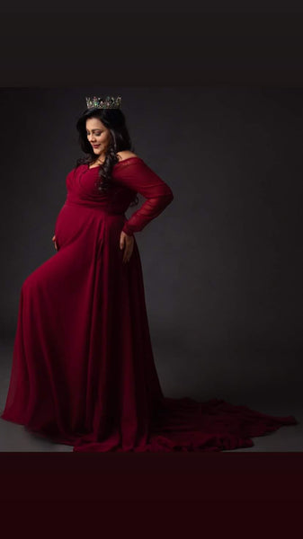 Maroon V-Neck Baby Shower Trail Gown