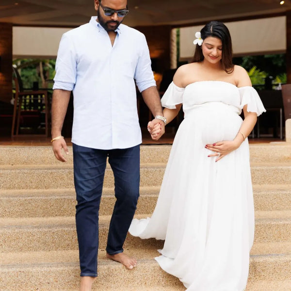 White Bardot Neckline Extra Flared Maternity Gown