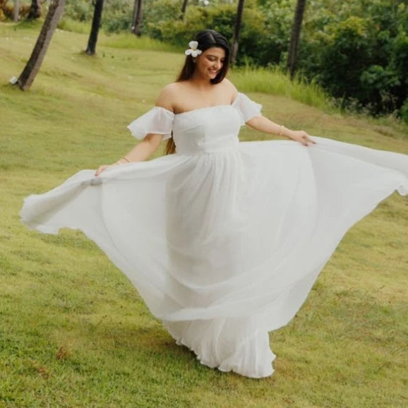 White Bardot Neckline Extra Flared Maternity Gown