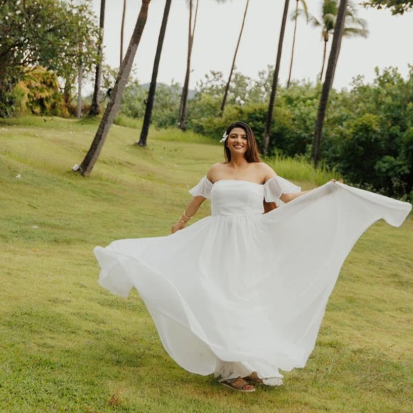 White Bardot Neckline Extra Flared Maternity Gown