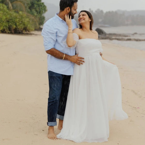 White Bardot Neckline Extra Flared Maternity Gown