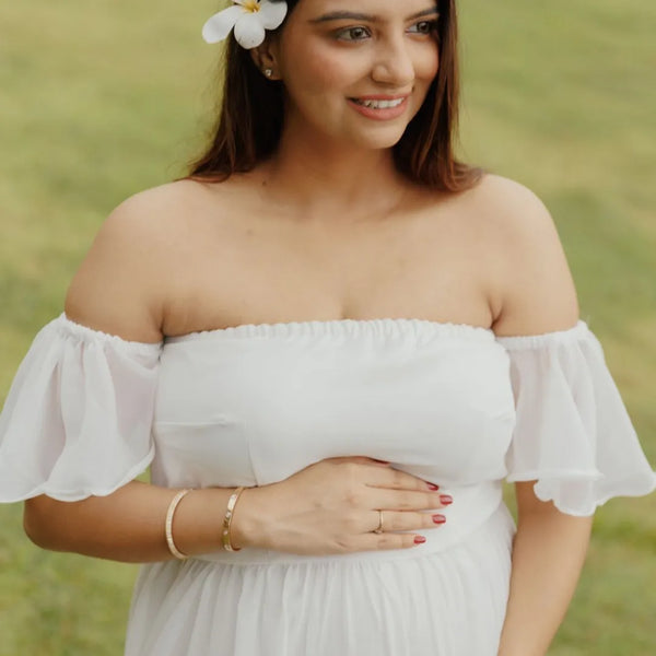 White Bardot Neckline Extra Flared Maternity Gown