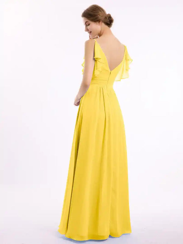 Yellow Spaghetti Strap Ruffles V-neck Maxi Dress