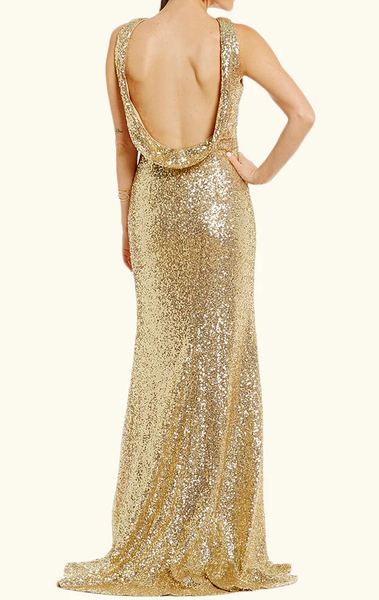 Golden Glitter Backless Cowl Gown