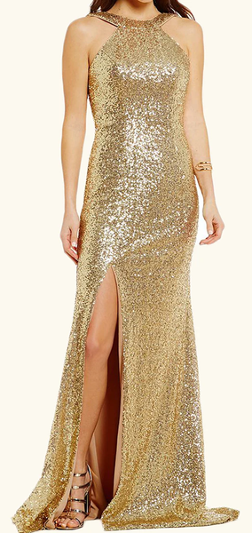 Golden Glitter Backless Cowl Gown