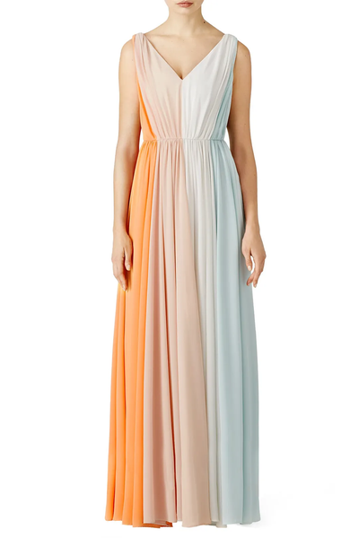 Multicolor V Neck Ruched Pastel Gown