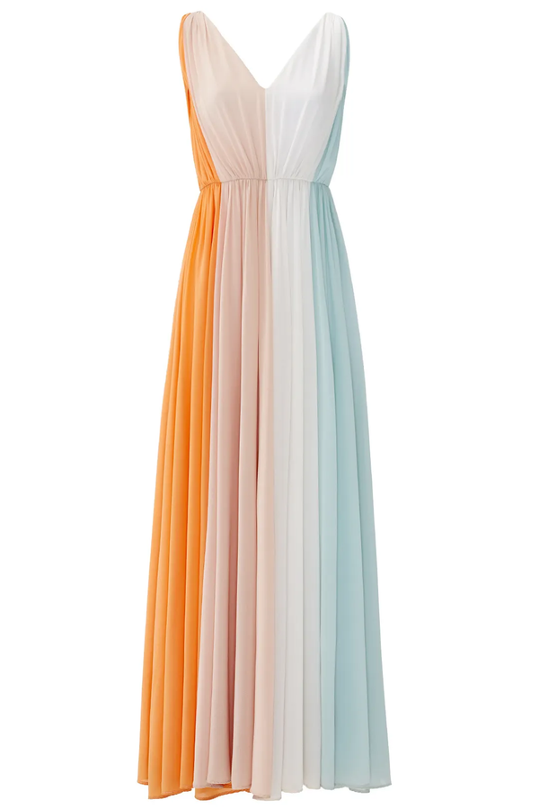 Multicolor V Neck Ruched Pastel Gown
