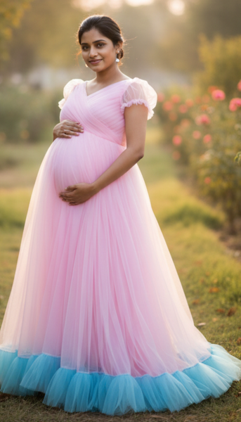 Blooming Pink Sky blue Ruffled Hem Maternity Gown