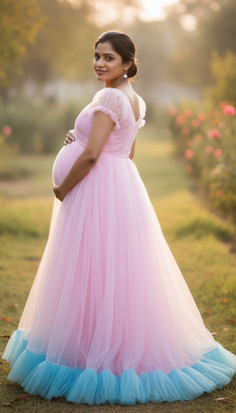Blooming Pink Sky blue Ruffled Hem Maternity Gown