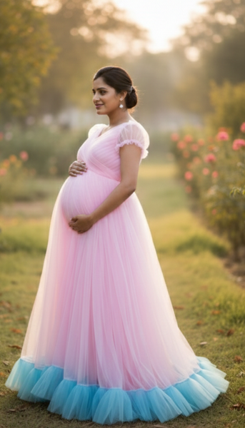 Blooming Pink Sky blue Ruffled Hem Maternity Gown