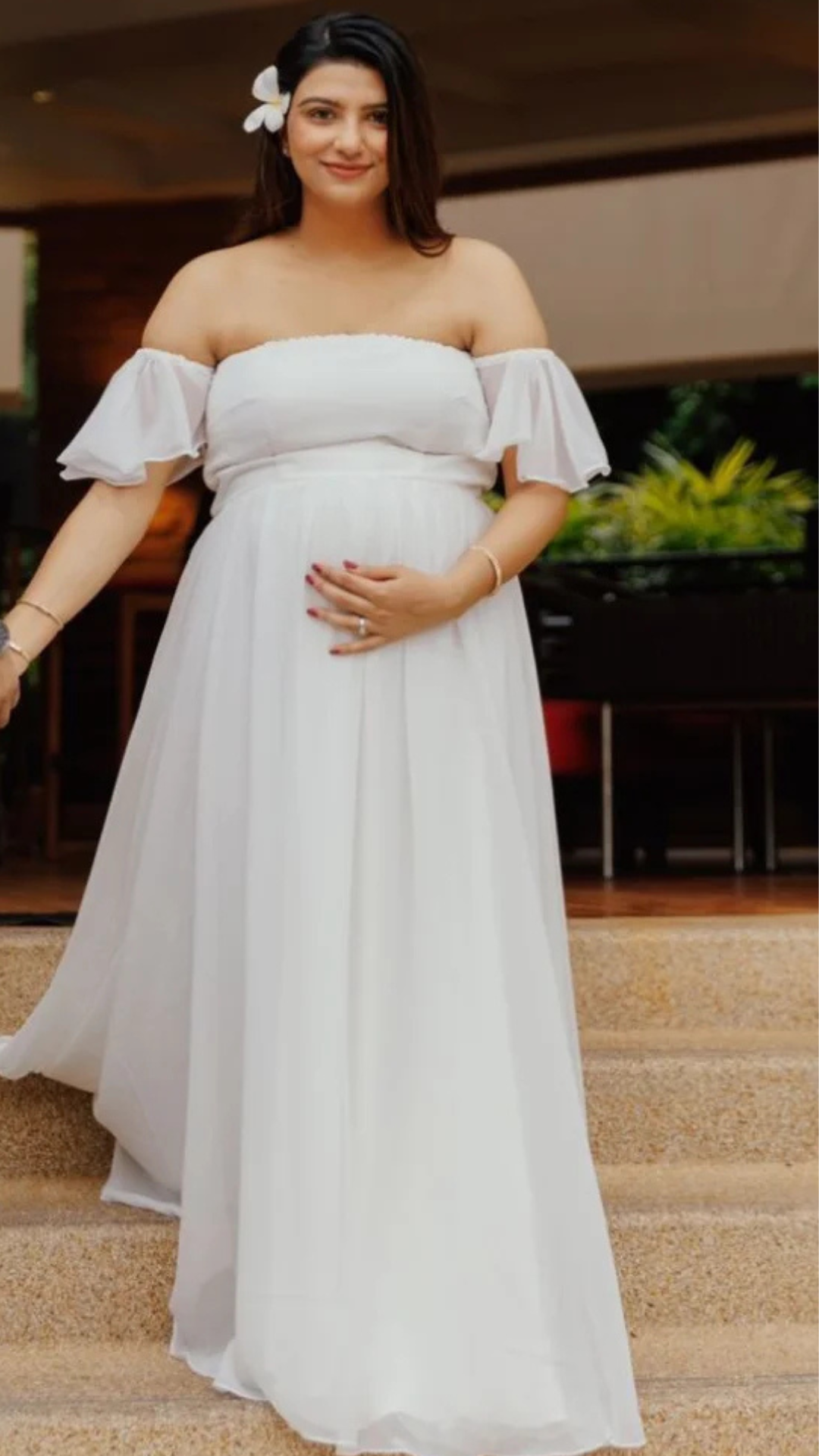 White Bardot Neckline Extra Flared Maternity Gown