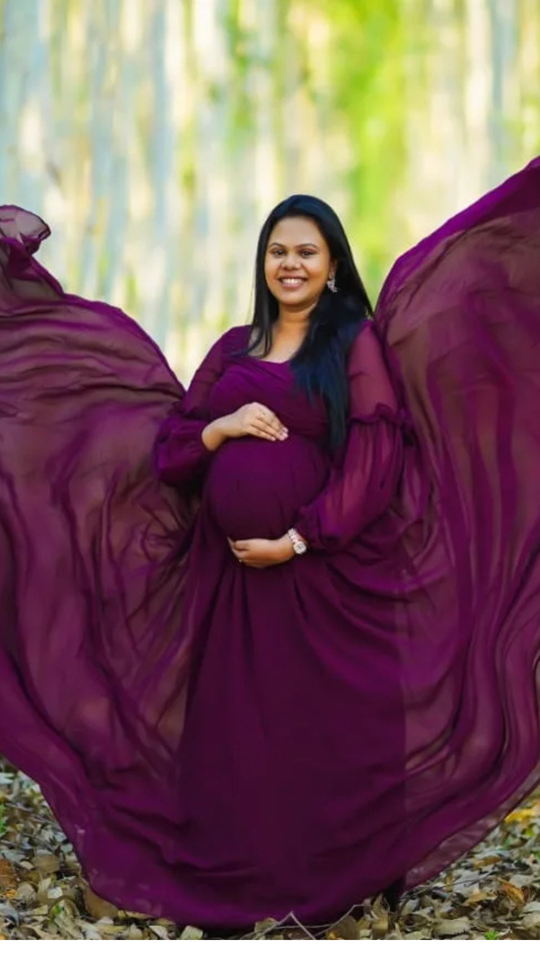 Burgundy Wine Balloon Sleeves Maternity Gown