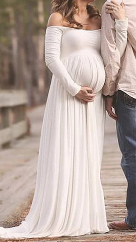 Off-White Strapless Full Sleeves Maternity Gown