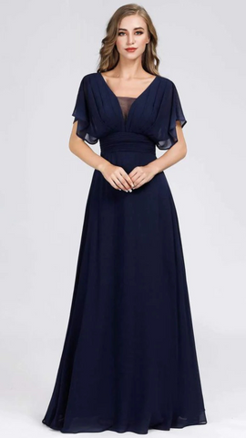 Navy Blue Cape Sleeves Flared Gown