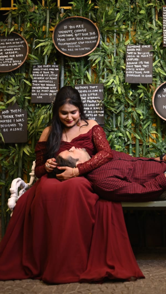 Maroon Ruched Lace Sleeves Flared Maxi