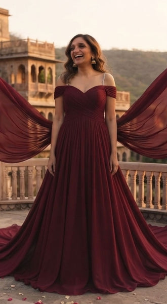 Maroon-Wine Butterfly Wings Pre-Wedding Tail Gown