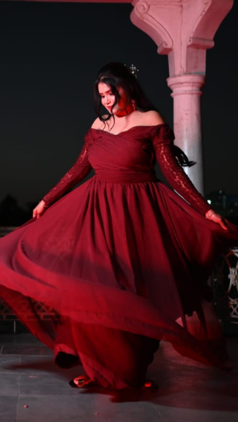 Maroon Ruched Lace Sleeves Flared Maxi