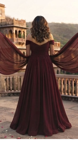 Maroon-Wine Butterfly Wings Pre-Wedding Tail Gown