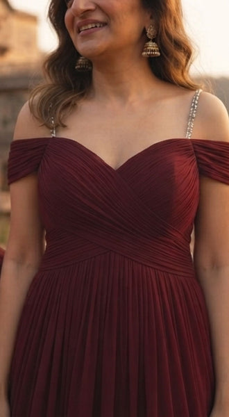 Maroon-Wine Butterfly Wings Pre-Wedding Tail Gown