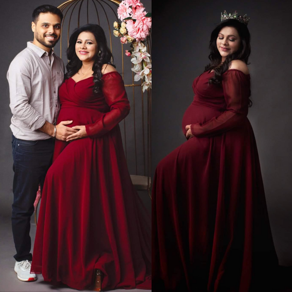 Maroon V-Neck Baby Shower Trail Gown