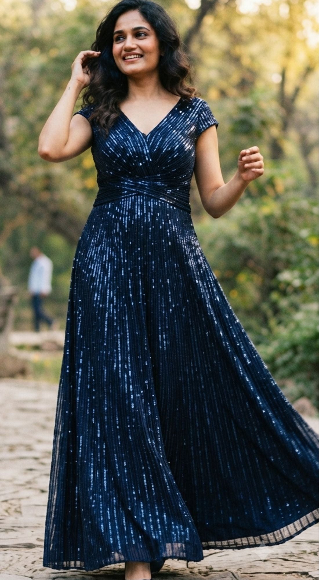 Midnight Blue Sequin Party Wear Long Dress
