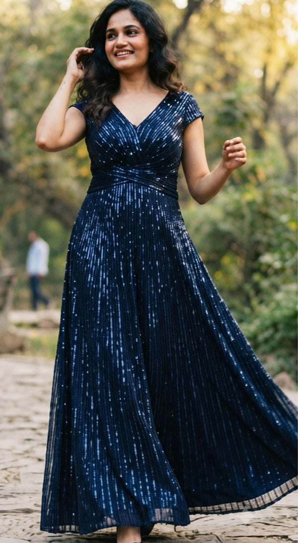 Midnight Blue Sequin Party Wear Long Dress