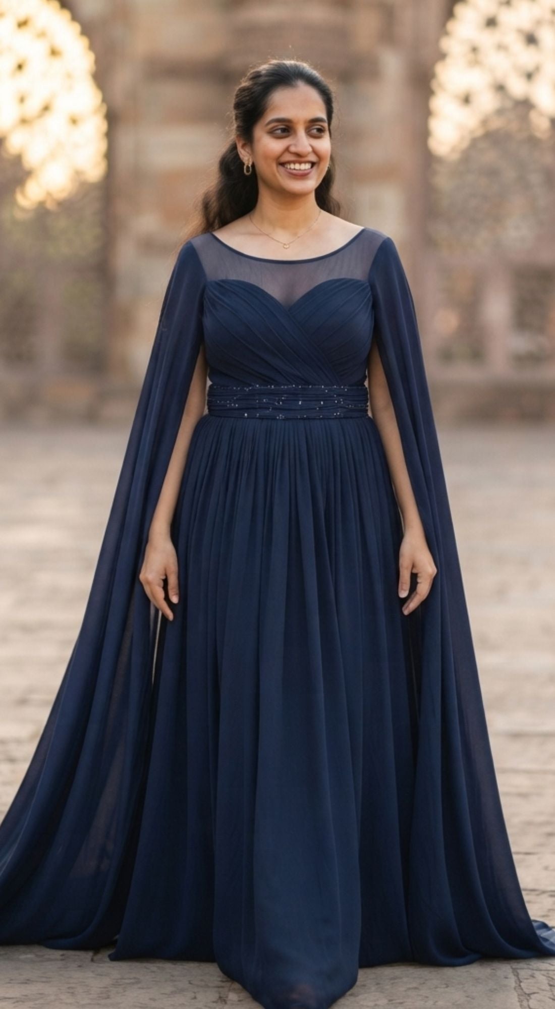 Embellished Belt Cape Sleeves Pre-Wedding Gown