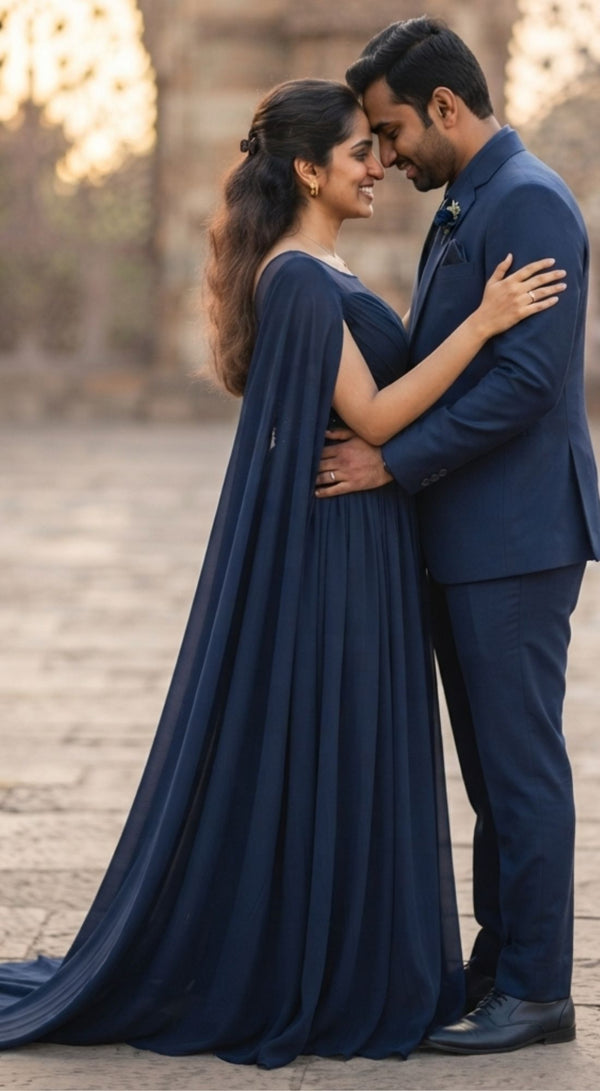 Embellished Belt Cape Sleeves Pre-Wedding Gown