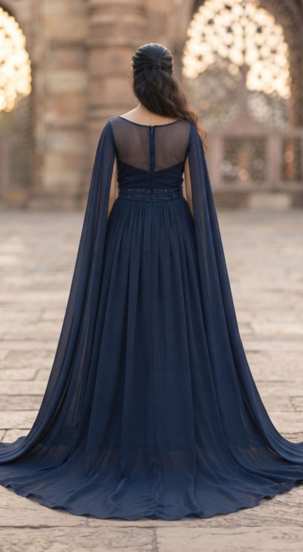 Embellished Belt Cape Sleeves Pre-Wedding Gown