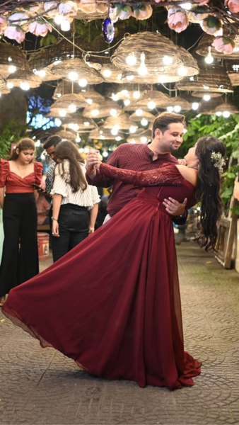 Maroon Ruched Lace Sleeves Flared Maxi