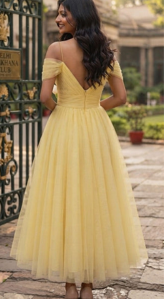 Pale Yellow Off-Shoulder Bridesmaid Midi