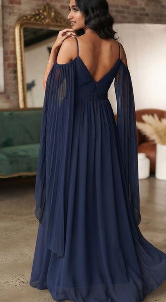 Navy Blue Flying Sleeves Cold-Shoulder Maxi