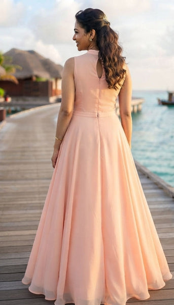 Peach Sheer Neck Ruched Flared Maxi