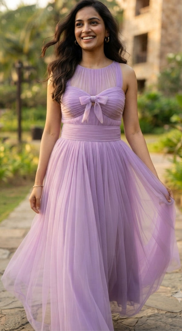 Lavender Ruched Bow Detail Flared Maxi