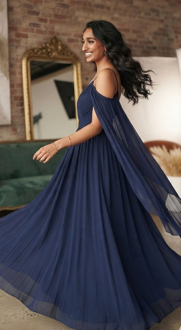 Navy Blue Flying Sleeves Cold-Shoulder Maxi