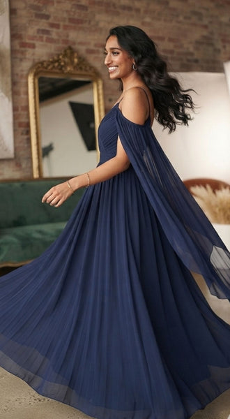 Navy Blue Flying Sleeves Cold-Shoulder Maxi