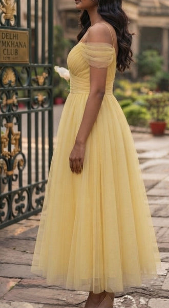 Pale Yellow Off-Shoulder Bridesmaid Midi