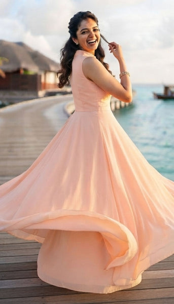 Peach Sheer Neck Ruched Flared Maxi