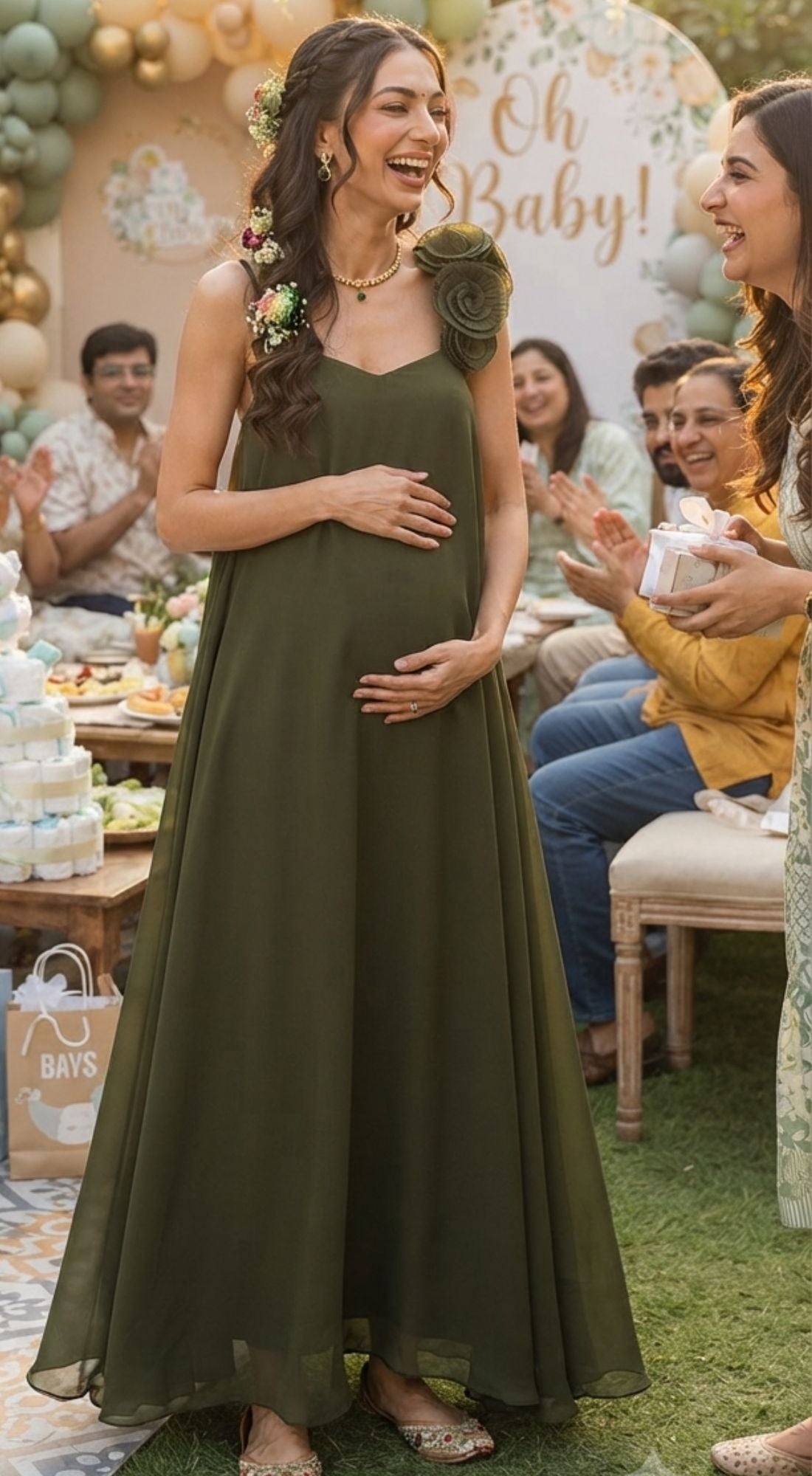 Flowy Olive Green Floral Strap Maternity & Baby Shower Gown