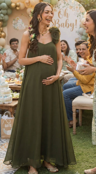 Flowy Olive Green Floral Strap Maternity & Baby Shower Gown
