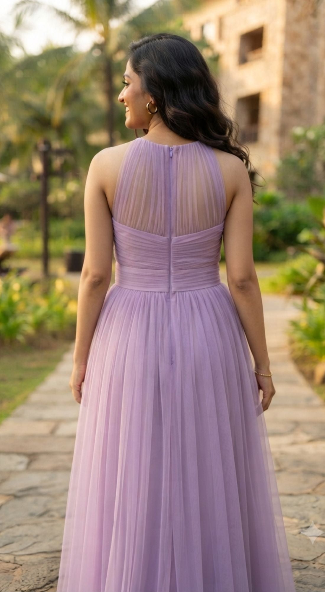 Lavender Ruched Bow Detail Flared Maxi