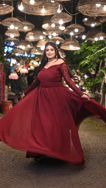 Maroon Ruched Lace Sleeves Flared Maxi