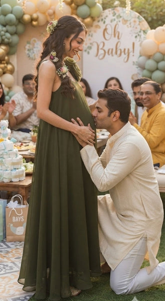 Flowy Olive Green Floral Strap Maternity & Baby Shower Gown