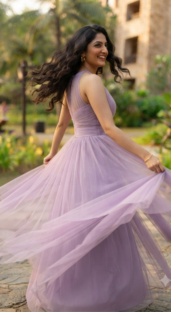 Lavender Ruched Bow Detail Flared Maxi