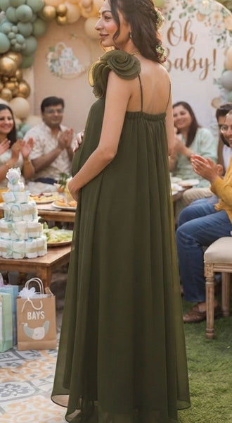 Flowy Olive Green Floral Strap Maternity & Baby Shower Gown