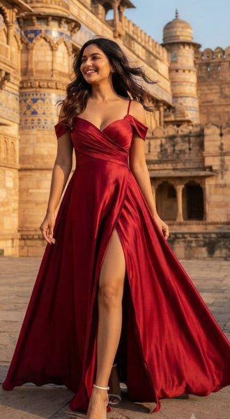 Maroon Spaghetti Strap Satin Gown