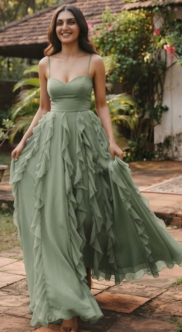 Sage Green Ruffle Evening Gown