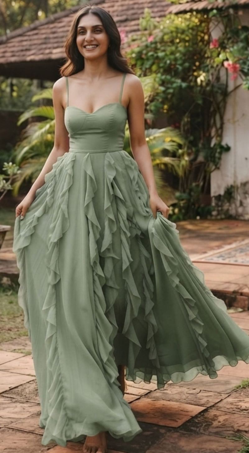 Sage Green Ruffle Evening Gown