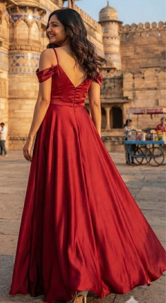 Maroon Spaghetti Strap Satin Gown
