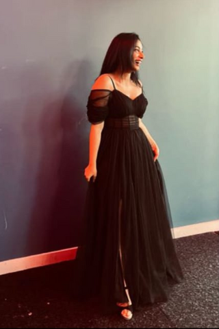 Black Sheer Corset Flared Tulle Gown